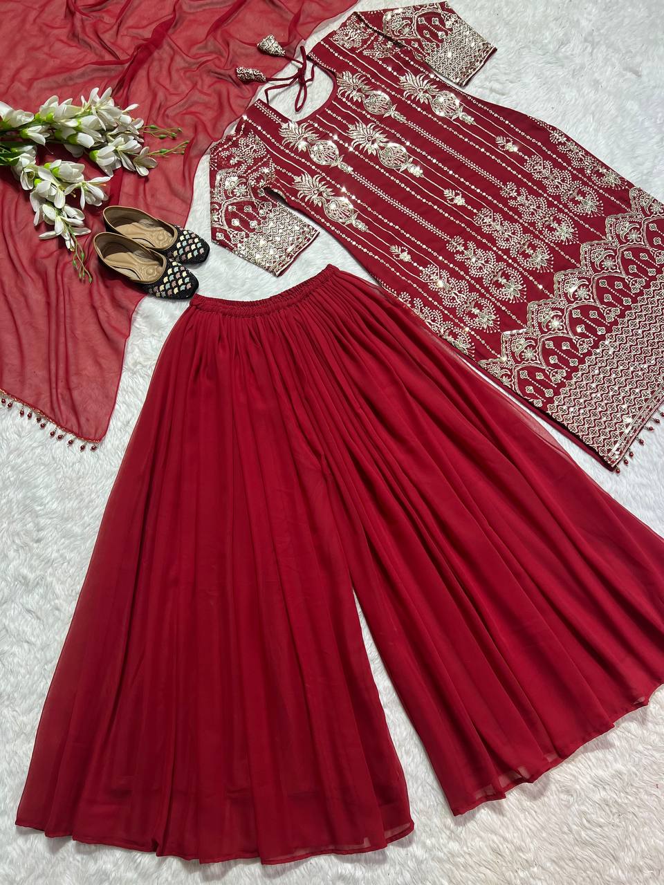 Red Georgette Sharara Plazo Set for Women