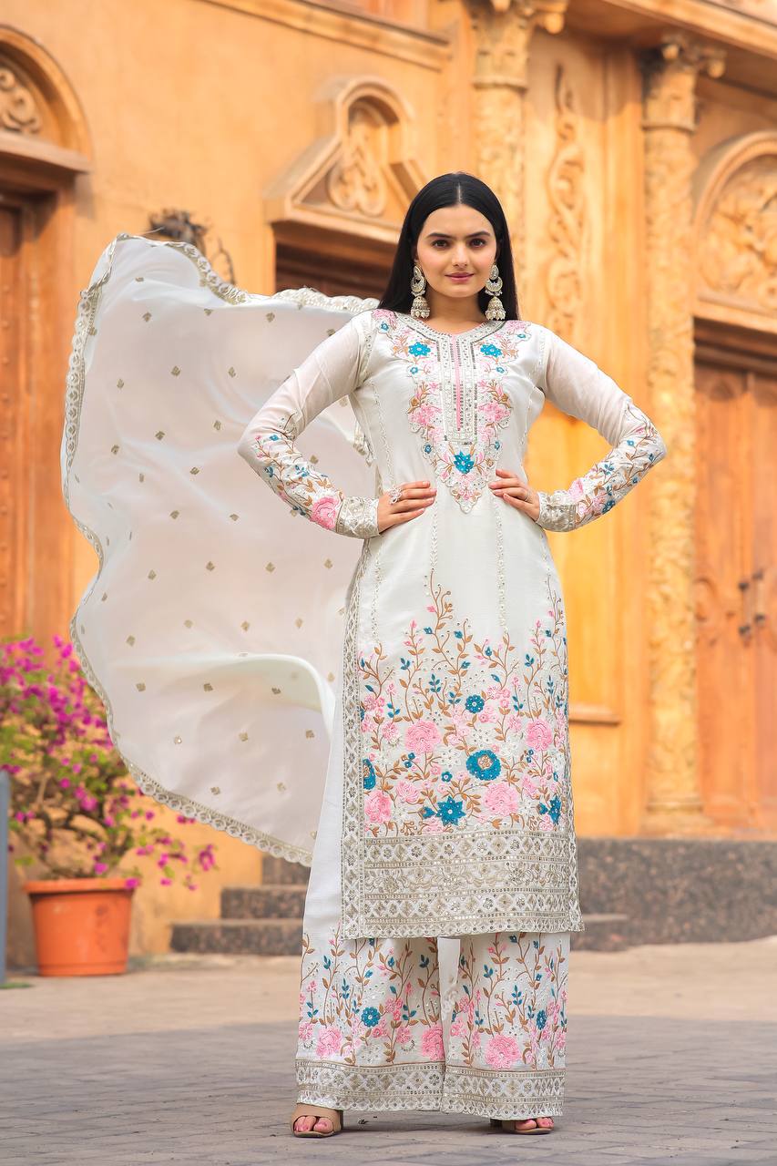 Heavy Chinon Silk Embroidered Suit With Palazzo, women's Wear