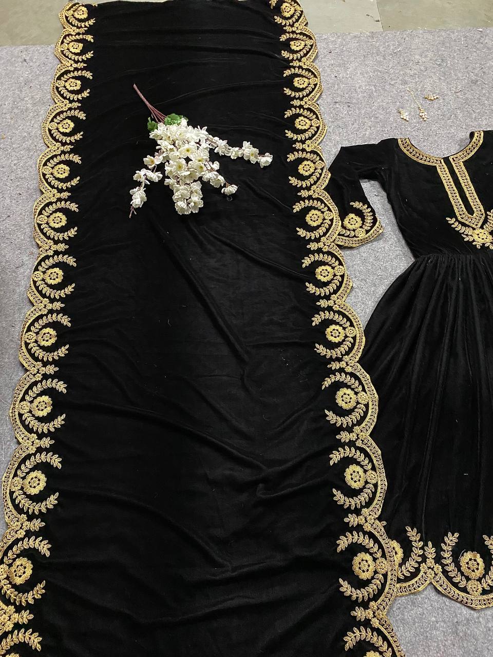 Partywear Viscose Velvet Gown Set with Embroidery and Lace Border