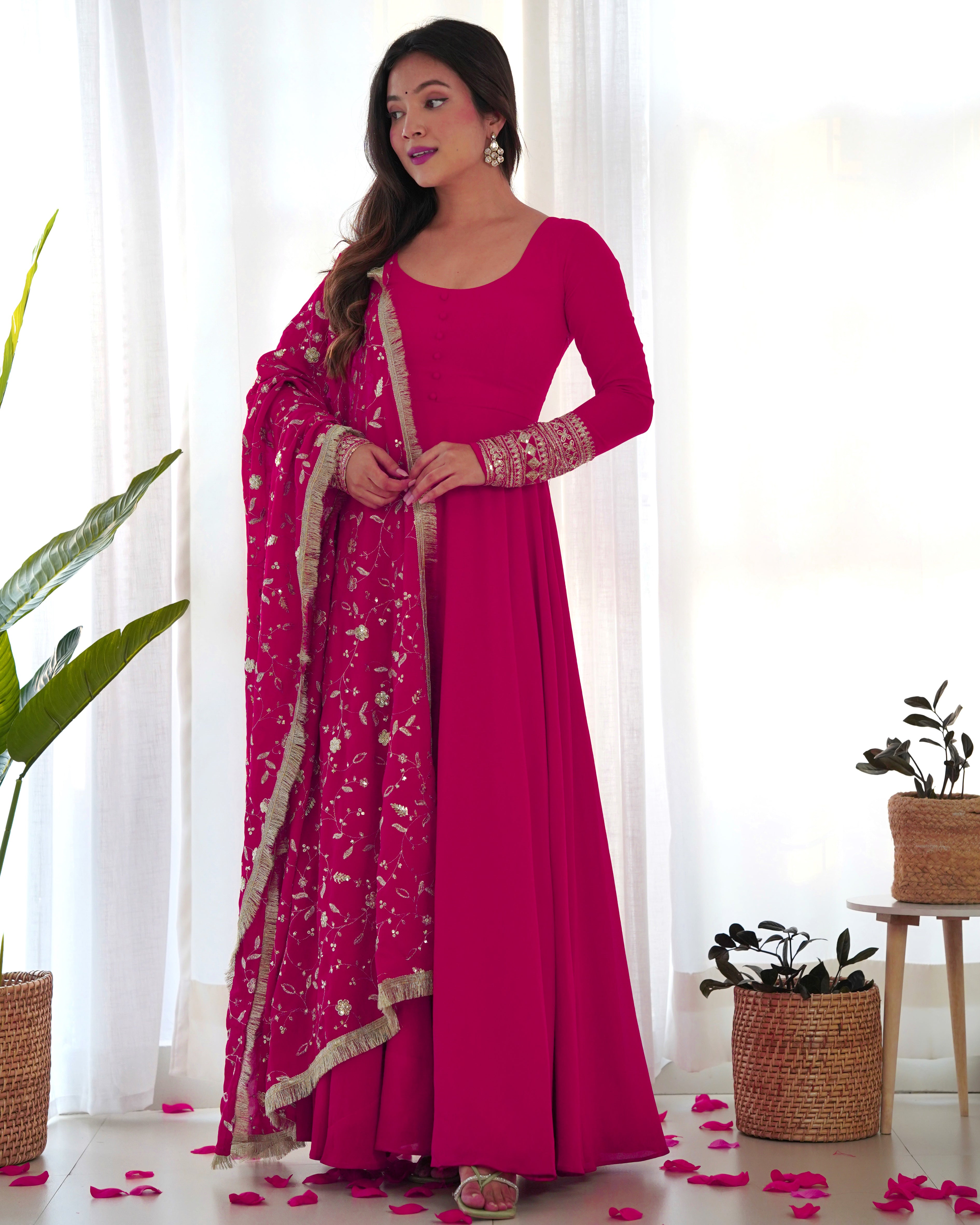 Soft Organza silk with a print Pink Anarkali Suit for Women