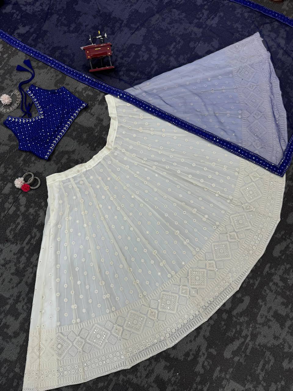 Partywear White Blue Color Lehenga Choli With Dupatta For Wedding Wear