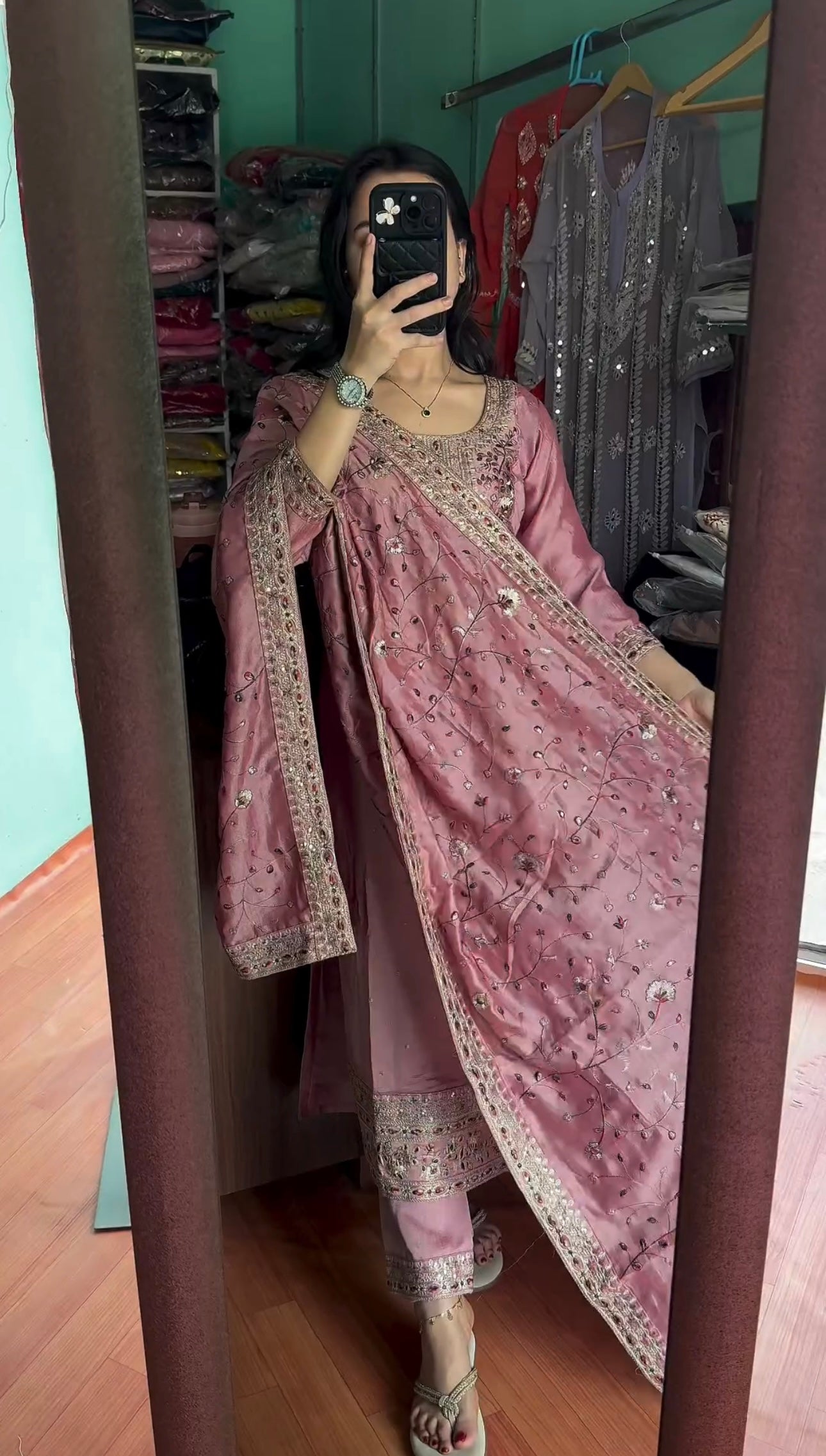 Chinon Silk With Embroidered Work Salwar Suit With Palazzo