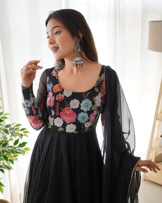 Black Color Pure Soft Fox Georgette Anarkali Suit Set With Beautiful Floral Printed