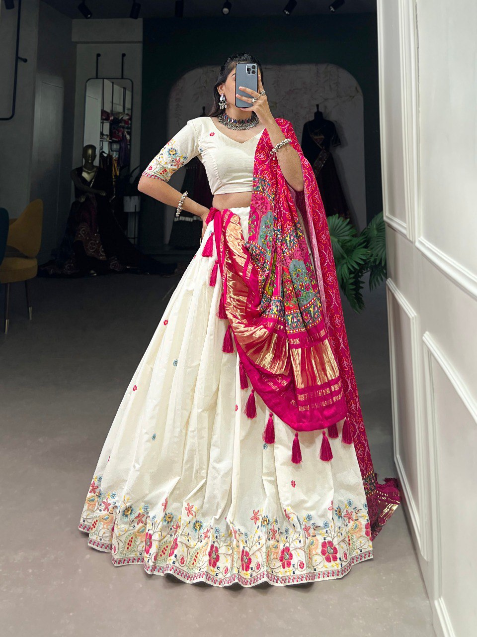 White cotton sequins embroidery lehenga choli for women