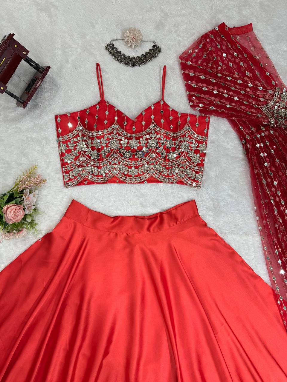 Red Japan Satin Designer Wedding Lehenga Choli for Women