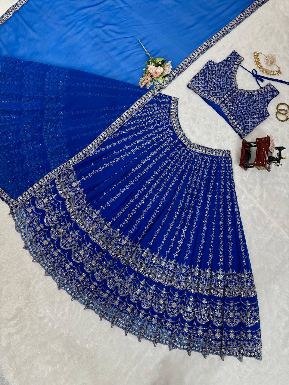 Blue Foux Georgette Embroidery Lehenga Choli for Women