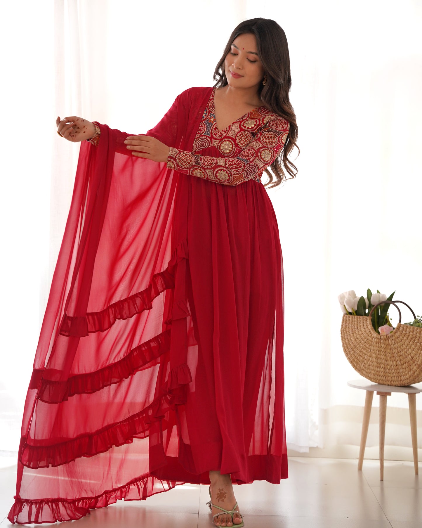 Party Wear Red Color Heavy pure soft Organza Silk, Anarkali Suit Set With Full Sleeves