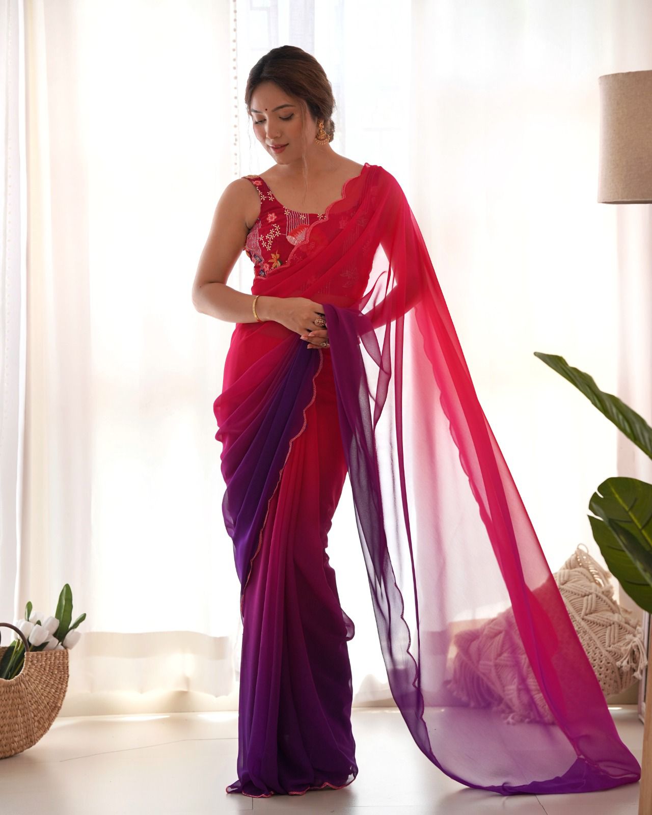 Elegant Soft Georgette Saree with Dual Embroidery Work For festive ceremony