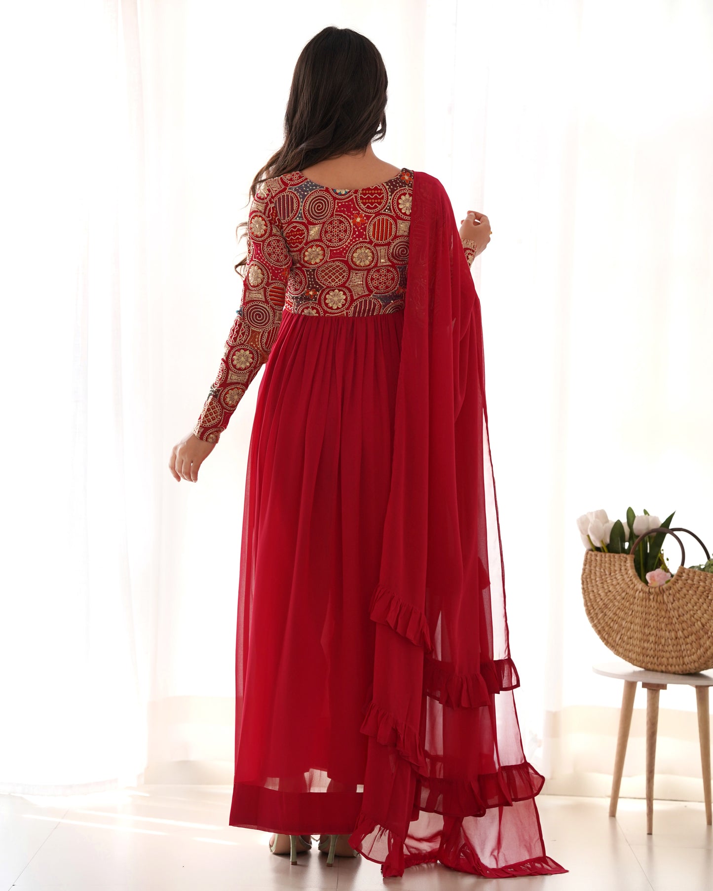 Party Wear Red Color Heavy pure soft Organza Silk, Anarkali Suit Set With Full Sleeves