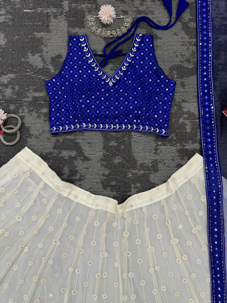 Partywear White Blue Color Lehenga Choli With Dupatta For Wedding Wear