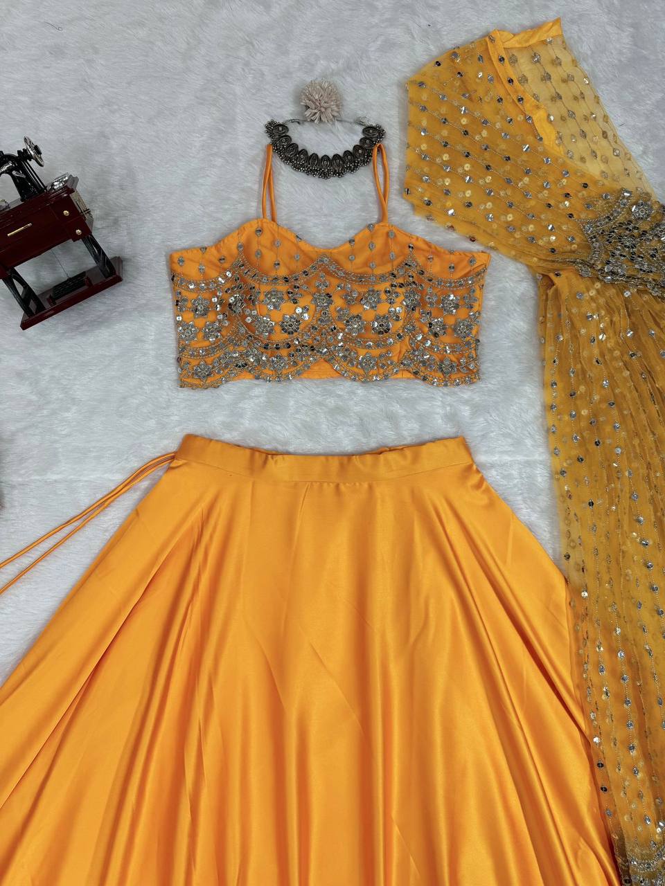 Luxurious Japan Satin Lehenga with 4.5 Meter Flair, Butterfly Net Choli & Koti with Sequins