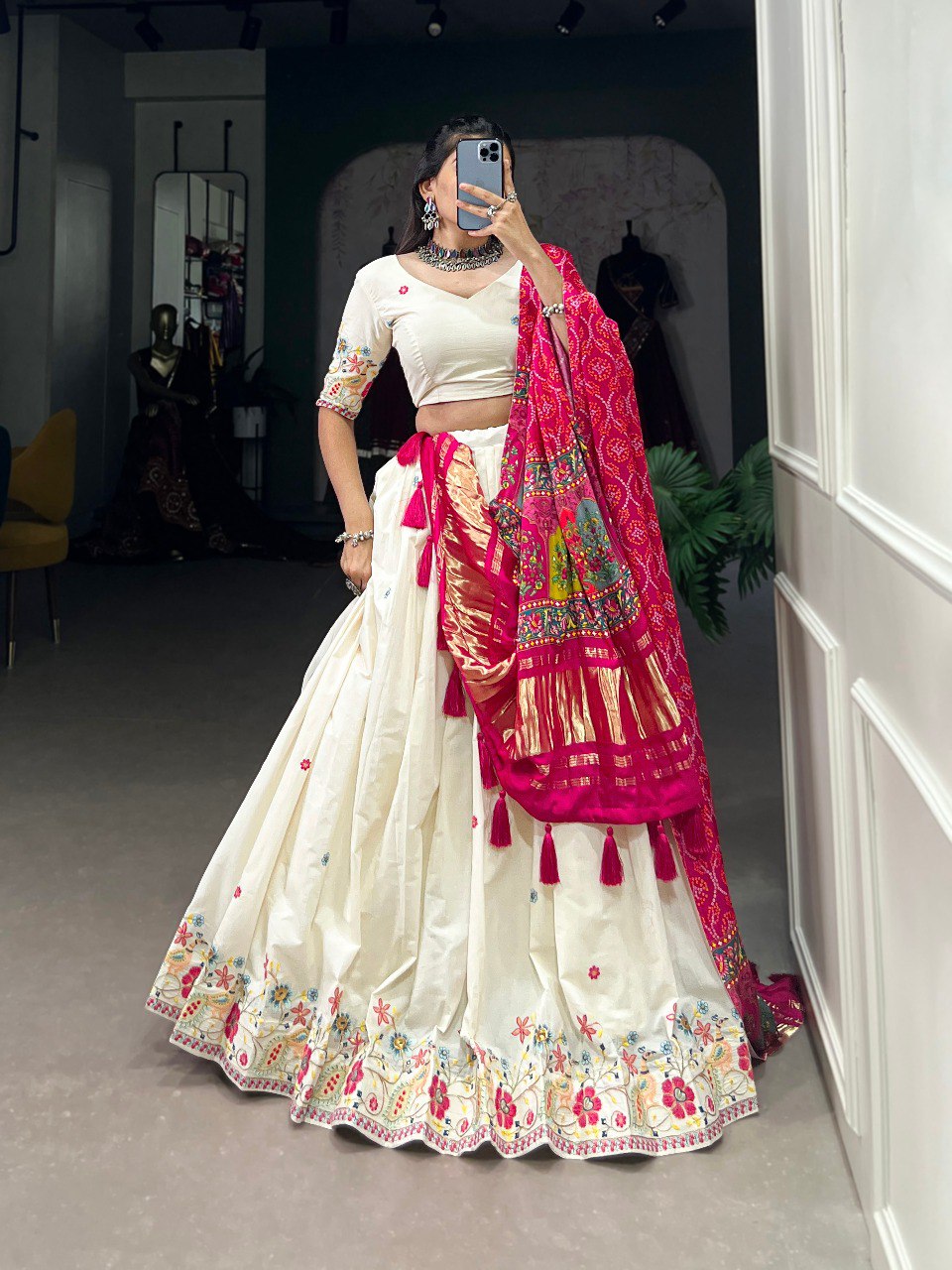 White cotton sequins embroidery lehenga choli for women