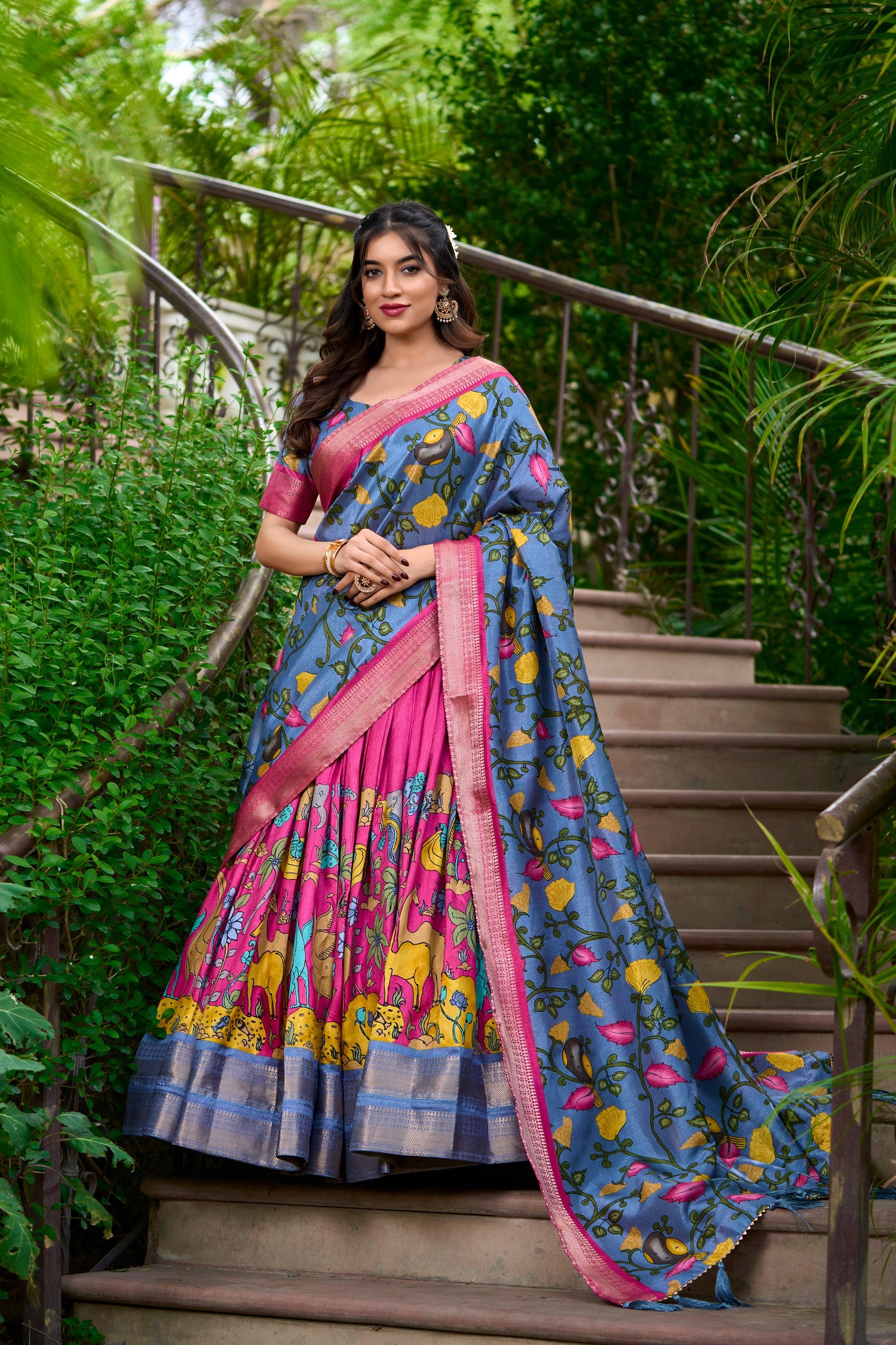 Dola Silk Lehenga Choli Kalamkari Print with Weaving Border