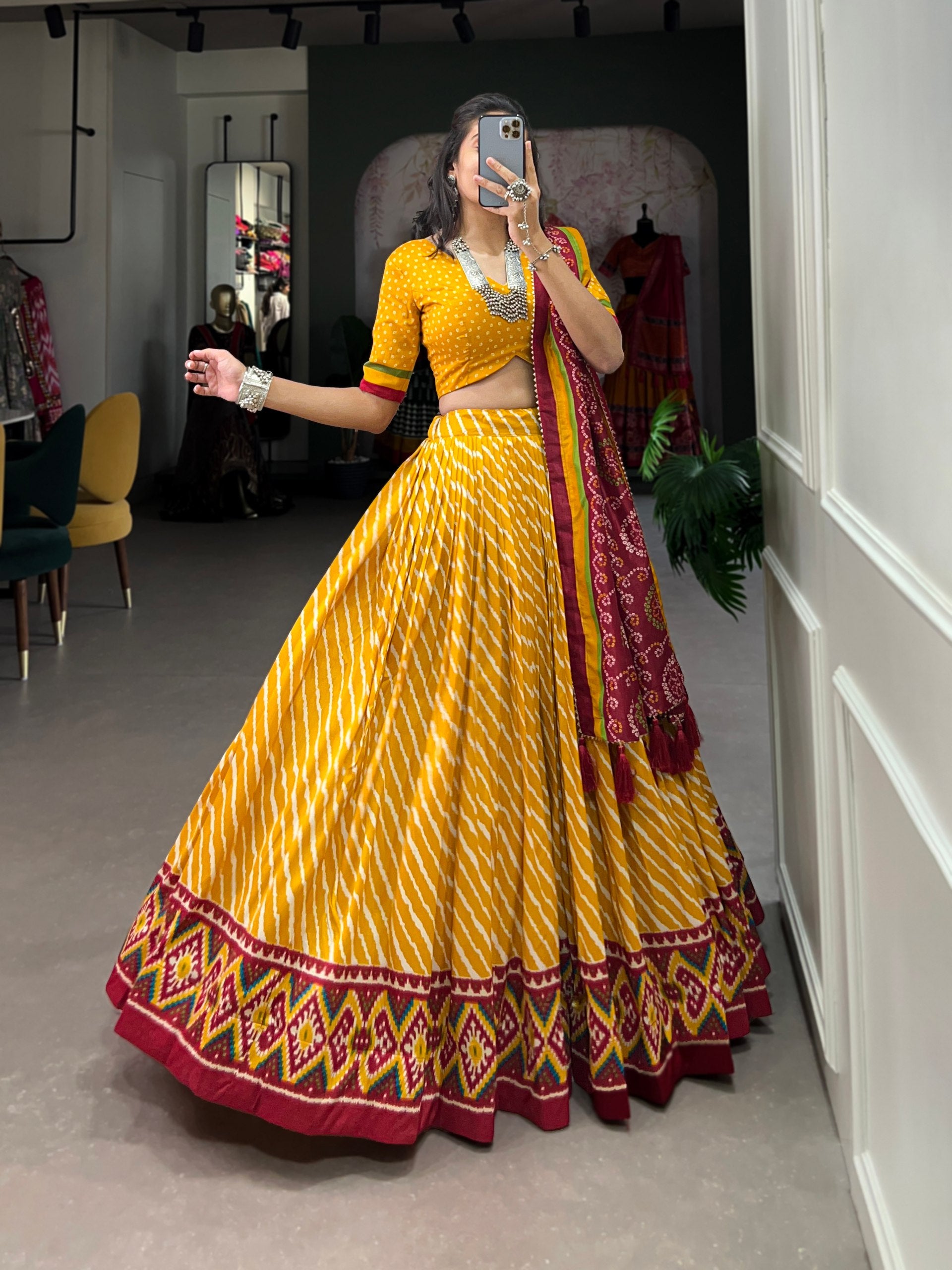 Tussar Silk Leheriya with Patola Print Border Lehenga Choli