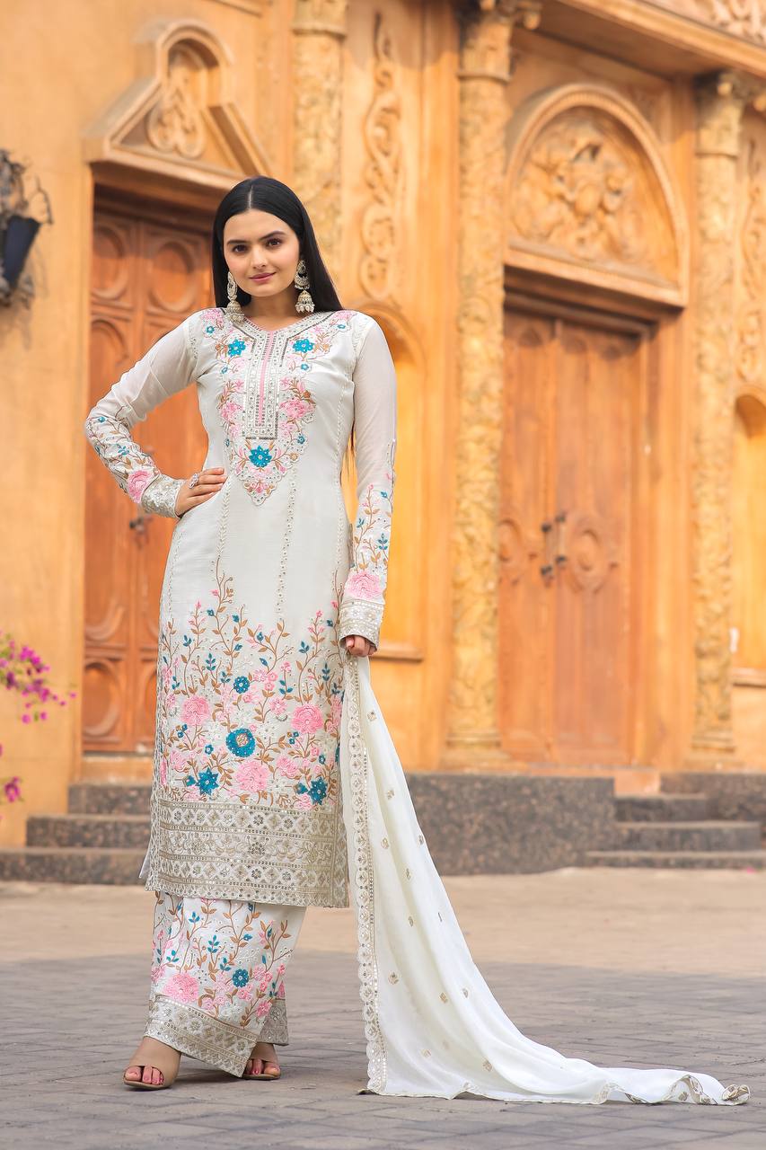 Heavy Chinon Silk Embroidered Suit With Palazzo, women's Wear