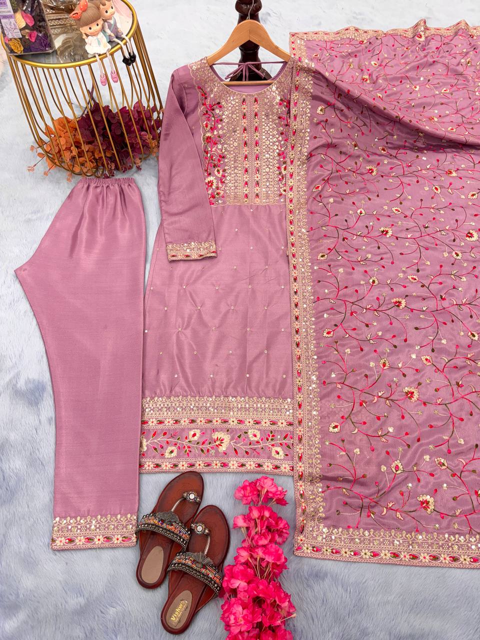 Chinon Silk With Embroidered Work Salwar Suit With Palazzo