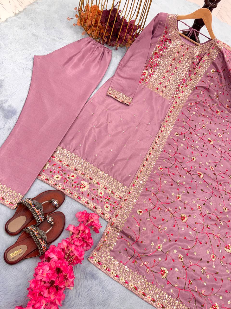 Chinon Silk With Embroidered Work Salwar Suit With Palazzo