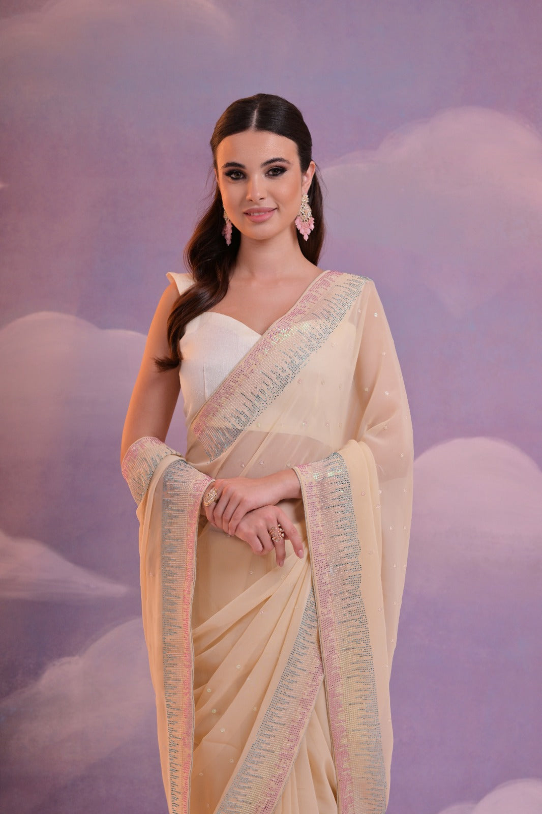 Beautiful Faux Georgette Saree with Swarovski Diamond Work With Blouse