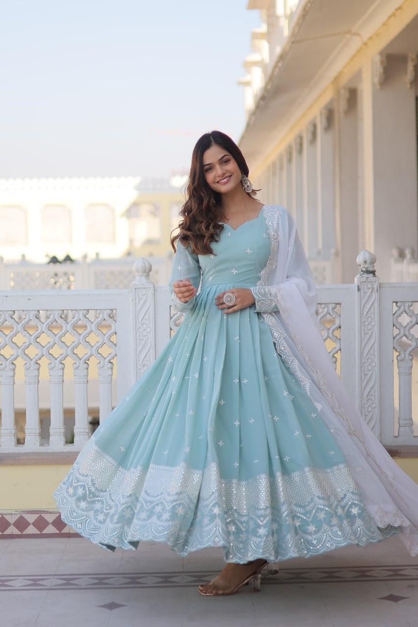 Sky Blue Georgette Straight Anarkali Gown for Women