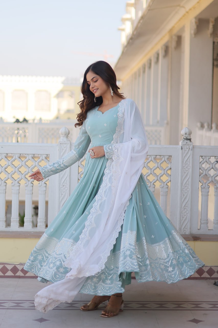 Sky Blue Georgette Straight Anarkali Gown for Women