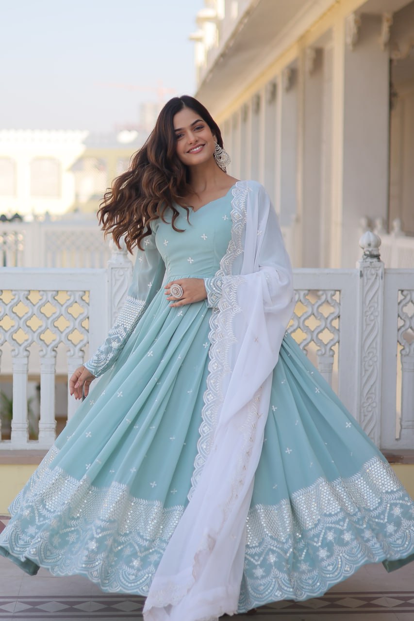 Sky Blue Georgette Straight Anarkali Gown for Women