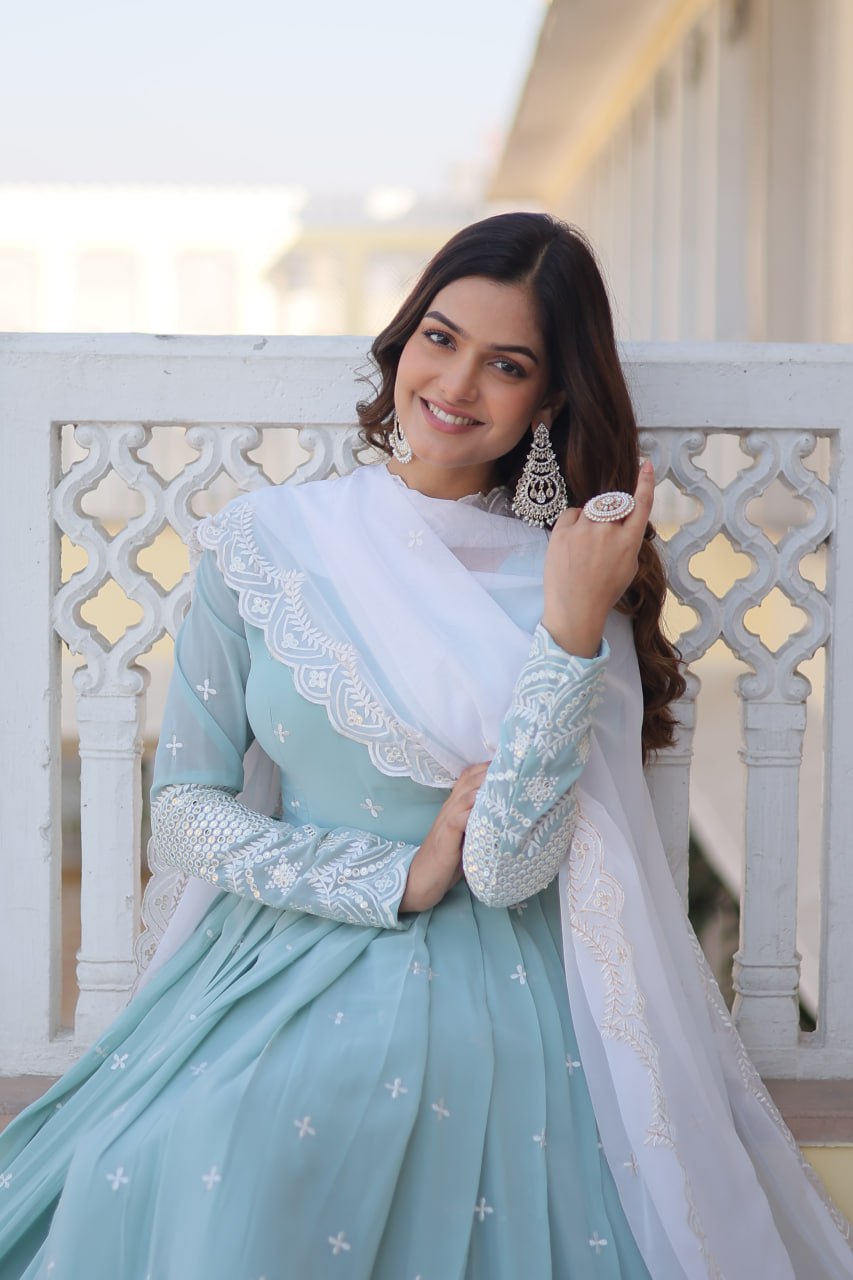 Sky Blue Georgette Straight Anarkali Gown for Women